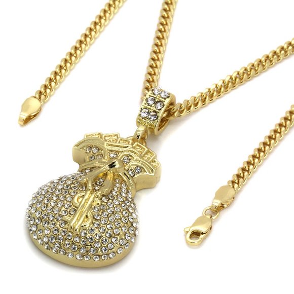 14k Cash Bag Cuban Necklace Men's Pendant